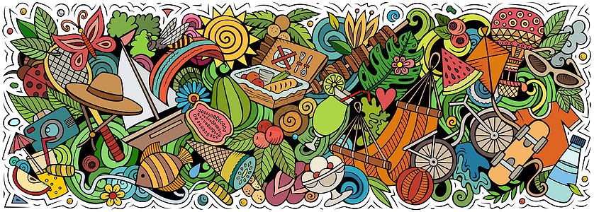 夏天的手画了卡通涂鸦插图花园活动地标设计公园浆果环境食物背景天气图片