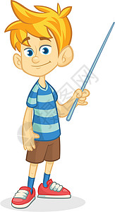 穿短裤 脱条纹T恤衫的卡通小男孩 用指针画一个有趣的插图孩子幼儿园微笑经理学生男性黑板艺术木板会议图片