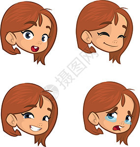 少女制作四个不同的表情表达式 女孩脸色表达式 矢量插图;图片