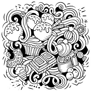 甜食矢量涂鸦图酥皮巧克力卡通片拼贴画酒吧糖果东西设计焦糖糕点图片