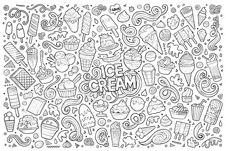 一组冰淇淋物体的连线艺术矢量卡通漫画甜点蛋糕奶油锥体线条手绘设计元素图形焦糖图片