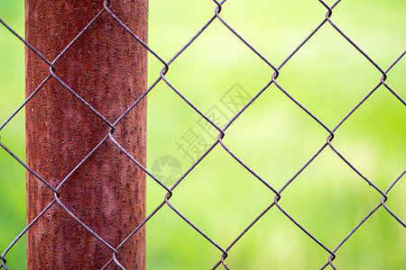 花园中的网笼和生锈的杆子 背景是绿草 带金属丝网的金属栅栏 透过钢丝网围栏 乡村的景色模糊 抽象背景图片