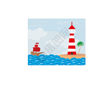 从一个小海滩上看见的灯塔指导波浪海岸旅行航行房子假期岩石阳光海洋图片
