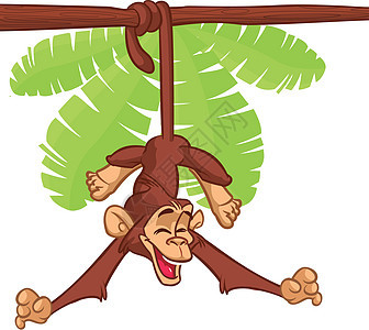 有趣的卡通漫画黑猩猩猴子挂在树上情感丛林插图绘画微笑贴纸快乐猩猩大猩猩热带图片
