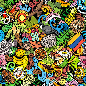 卡通涂鸦是哥伦比亚无缝的图案沙拉热带国家水果探索符号冒险食物秀场地标图片