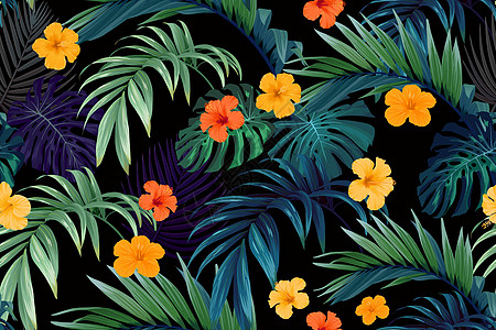 无缝手牵引热带矢量模式 有明亮的象皮花和深色背景的外来棕榈叶异国丛林树叶情调植物织物墙纸海滩艺术插图图片