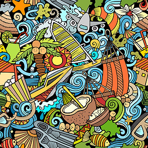 马尔代夫无缝模式冲浪涂鸦环礁卡通片天堂元素潜水冒险墙纸奢华图片