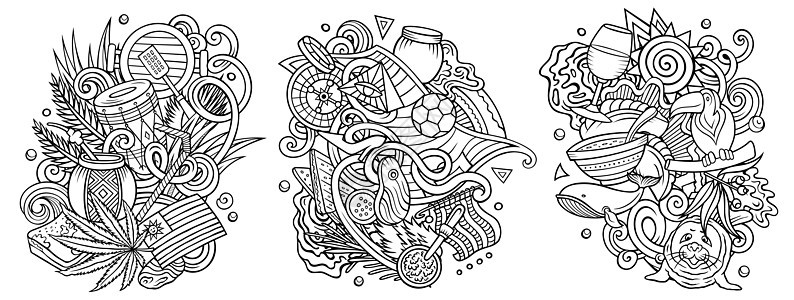 乌拉圭漫画矢量涂鸦设计组彩页横幅国家旅游符号地标历史冒险旅行海狗图片