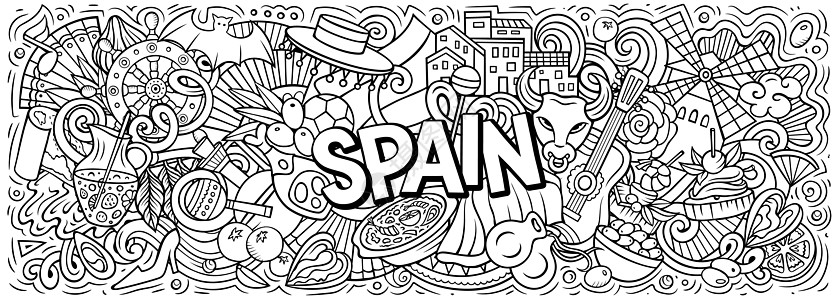 西班牙手画的漫画涂鸦图解旅行响板国家横幅设计吉他假期地标文化彩页图片
