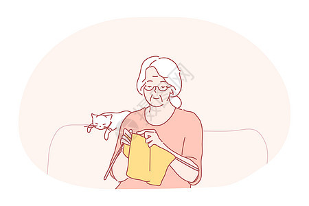 老年人编织 爱好和兴趣概念闲暇椅子女士扶手椅退休工艺家庭羊毛长老卡通片图片