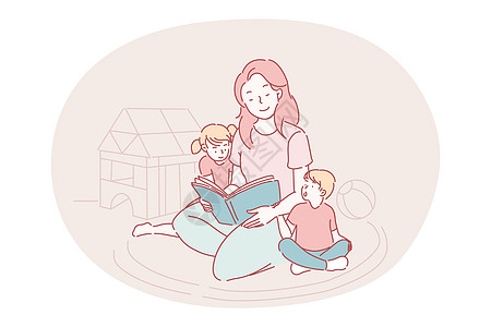 在家与儿童一起享受休闲娱乐和活动快乐的概念学习微笑孩子们乐趣卡通片母性童年女士知识婴儿图片