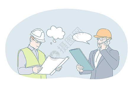 工程和建筑业务概念男人讨论员工同事卡通片建筑师商业职业头盔蓝图图片