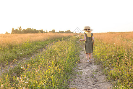 一个戴着草帽的金发小女孩拿着一束雏菊走在田野里 走在自然 自由和生态友好型生活方式中的概念女孩金发女郎环境帽子小家伙野生动物育儿图片