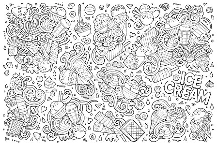 一组冰淇淋物体的连线艺术矢量卡通漫画香草符号草图元素玻璃喜悦蛋糕酸奶食物奶油图片