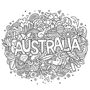 澳大利亚手写文字和涂鸦元素蟋蟀动物群国家草图旗帜冲浪海洋文化考拉背景图片