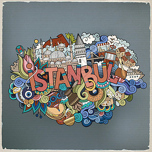 伊斯坦布尔市手写字和涂鸦元素草图旅行珠宝图形郁金香历史性建筑学旅游装饰品城市图片