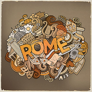 新年旅游卡通可爱的面条手画着罗马文羊皮纸体育馆文化涂鸦卡通片国家手绘矢量刻字标识插画