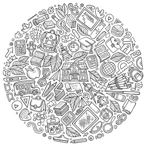 艺术线矢量手工绘制的一套学校卡通涂鸦物件老师背包手绘卡通片学期元素电脑剪贴补给品背景图片