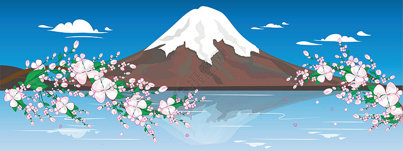 在日本的插图富士山 雪山的美丽自然与樱花盛开 日本浪漫的地方 任何设计和装饰的插图图片