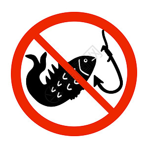 没有渔区标志 红圈图标有鱼的轮廓和钩子 禁止在这里捕鱼的徽章图片