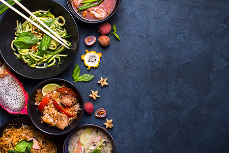 泰国食物背景美食水果荔枝沙拉食谱框架情调面条蓝色木瓜图片