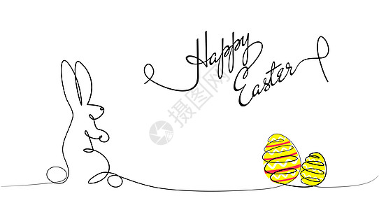 复活节兔子连续一条线画兔子极简主义轮廓图为春季设计概念卡线艺术风格与兔子黑白矢量图片