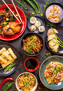中国食物空白本背景筷子派对洋葱蔬菜餐厅炒锅宴会胡椒午餐春卷图片