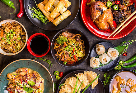 中国食物空白本背景宴会沙拉桌子胡椒饺子午餐筷子盘子豆子面条图片