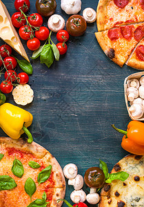 披萨和原料背景脆皮咖啡店午餐配料香肠烘烤小吃框架蓝色餐厅图片