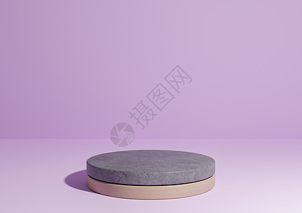 淡淡的 柔和的 淡紫色的紫色 3D 渲染简单的产品展示 自然的最小背景 带有由混凝土和木材制成的圆柱台架 用于天然产品图片