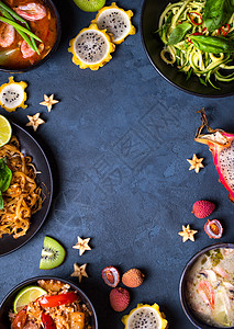 泰国食物背景荔枝美食异国蓝色面条餐厅情调食谱盘子木瓜图片
