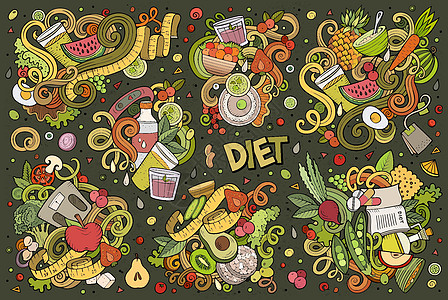 各种物品和元素混合的饮食食品卡通漫画合体美食剪贴政权卡通片设计图标集仪表线条艺术生活方式营养图片