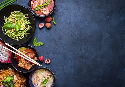 泰国食物背景餐厅水果情调框架食谱木瓜蓝色沙拉荔枝菜单图片