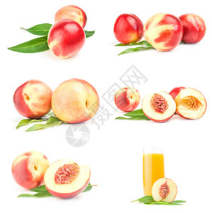 在白色背景和剪切路径上分离的多汁熟熟桃子集图片