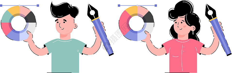 以艺术为主题 一个女孩和一个男孩手里拿着调色板和画笔 用于设计演示文稿 应用程序和网站的元素 趋势图图片