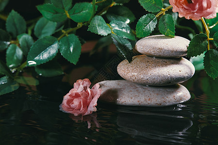 与Zen Stone Candle和植物在水中生活在一起 和谐 放松和保健 传统的东方精神概念福利治疗灵魂专注叶子平衡波浪反射冥图片