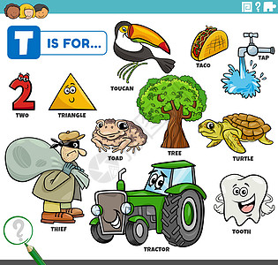 带有卡通字符的教学设备 T标题蟾蜍工作拖拉机字母三角形英语资产绘画学习图片