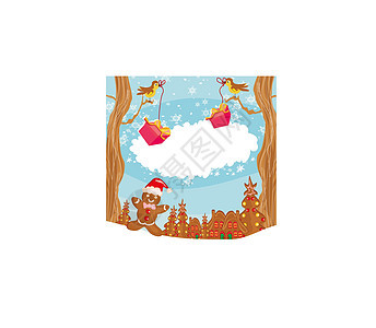 圣诞卡 有姜饼和有趣的风景建筑物插图帽子面包男生礼物糖果城市女孩房屋图片