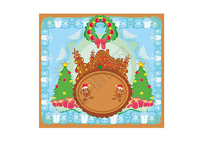 圣诞卡 有姜饼和有趣的风景饼干帽子女孩城市建筑物插图礼物树木房屋薄片图片