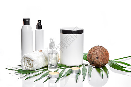 白底带椰子的有机化妆品软膏烹饪坚果静物产品身体食物洗剂桌子奶油图片