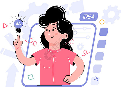 主题创意 创新 这个女孩拿着一个灯泡 用于设计演示文稿 应用程序和网站的元素 趋势图女性头脑成功卡通片发明学生思考解决方案笔记本图片