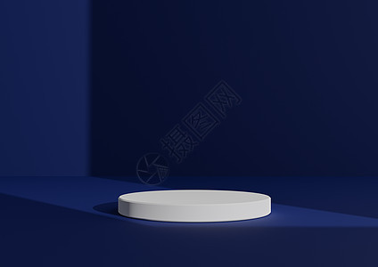 简单 最小的 3D 渲染组合与一个白色圆柱讲台或站在抽象阴影深皇家蓝色背景上 用于产品展示窗口灯来自右侧背景图片