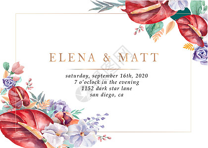 与美丽的水彩花的婚礼喜宴邀请插图花瓣树木框架横幅花束标语刷子植物生日图片