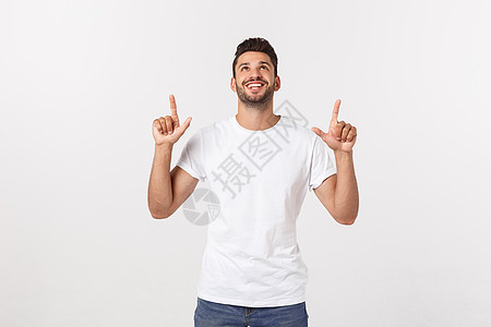 显示白色背景被隔离的复制空间的人 身着白种男性帅气的外表男人商业成人商务衬衫蓝色手指幸福快乐人士图片