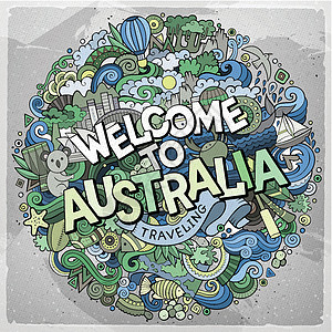 卡通可爱的面条手画着 欢迎来到澳洲旅行卡通片刻字设计动物群海洋城市天际文化旅游图片