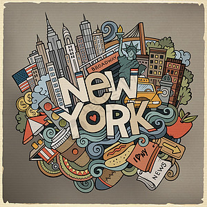 卡通可爱的面条手画纽约传记游客建筑学出租车艺术旗帜硬币矢量建筑旅行背景图片