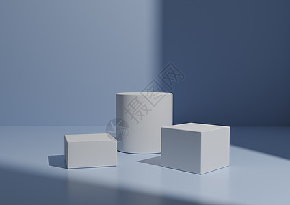 产品显示的简单三根白或立体成份 几何表 3D 发光 粘贴婴儿蓝色背景和右侧窗口光图片