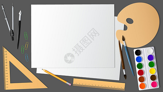 桌面的表面视图与扩展它艺术和文具 设计和创意 文本的背景和位置屏幕颜料盒画笔学习学校绘画正方形罗盘草图保护图片