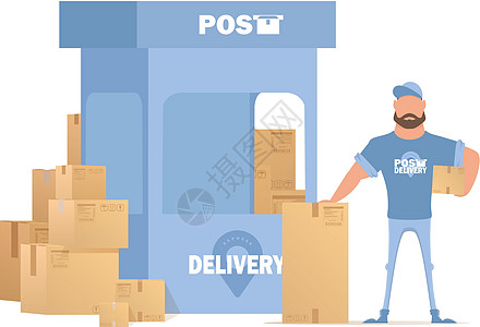 邮递信使站在箱子和取款窗口旁边 邮政办公室 卡通风格 矢量图示图片
