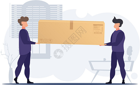 移动者或信使携带一个大盒子 将包裹送回家或搬家的概念 卡通风格 矢量插图图片